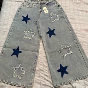 Blue Velvet Light Denim Star Mineral Washed Wide Leg Jeans Size Large (10/12)